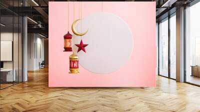 Set of black and gold lanterns with with empty space for text on the right. Realistic background for ramadan, Ramadan kareem concept, 3D render illustration. Wall mural