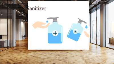 Hand sanitizers. Alcohol rub sanitizers kill most bacteria, fungi and stop some viruses such as coronavirus. Hygiene product. Sanitizer bottle and wall mounted container. Wall mural