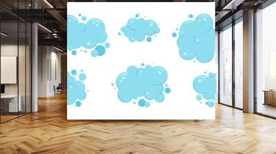 Cartoon bubble soap laundry, shampoo, water soda, blue foam bath vector icon, effervescent, gas ball set isolated on white background. Clean illustration Wall mural