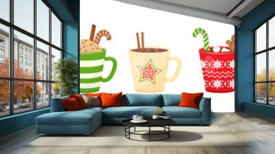 Christmas hot chocolate and cocoa, cartoon mug with drink vector icon, coffee, latte and tea. Holiday winter set. Cute menu illustration Wall mural