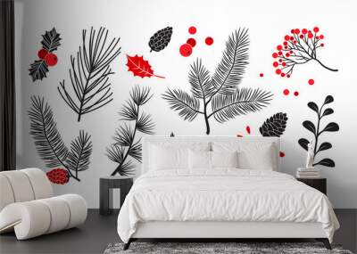 Christmas vector plants, holly winter decor, christmas tree, pine, leaves branches, holiday set isolated on white background. Red and black colors. Vintage nature illustration Wall mural