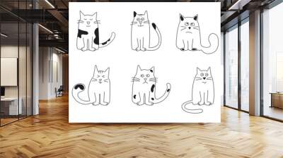 Cute cat doodle, cartoon animal, funny pet, happy kitten character hand drawn vector icon. Black and white meow collection isolated on white background. Kids illustration Wall mural