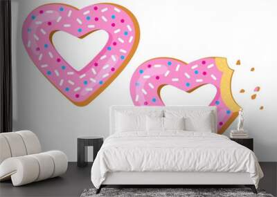 Saint Valentine's Day. Holiday sweet donut with pink glaze in shape heart, bitten donut. View from above. Vector illustration Wall mural