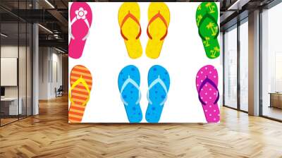 Summer beach slipper, flip flop vector icon, sand sandal, pool shoe set, cartoon rubber footwear isolated on white background. Colorful comic illustration Wall mural