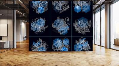 3d abstract vector isometric backgrounds. Layouts of cubes, hexagons, squares, rectangles and different abstract elements. Vector collection. Wall mural