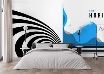 3D black and white lines in perspective with blue elements abstract vector background, linear perspective illustration op art, road to horizon. Wall mural