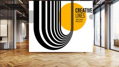 3D black and white lines in perspective with yellow elements abstract vector background, linear perspective illustration op art. Wall mural