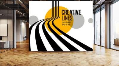 3D black and white lines in perspective with yellow elements abstract vector background, linear perspective illustration op art. Wall mural