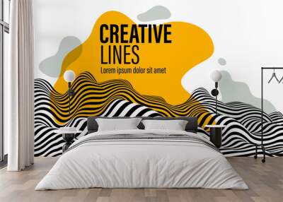 3D black and white lines in perspective with yellow fluid liquid paint splat abstract vector background, linear perspective terrain pattern op art. Wall mural