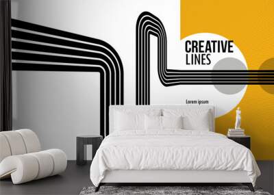 3D black and yellow lines in perspective abstract vector background, linear perspective illustration op art. Wall mural