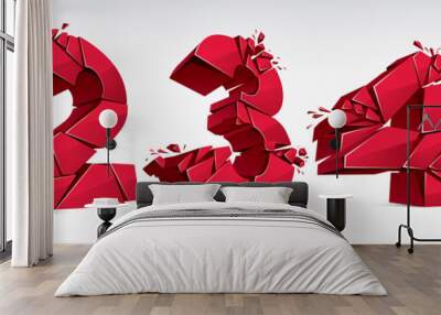 3D realistic red numbers set 1 2 3 4 5 vector illustration, breaking to pieces digits over white symbols collection. Wall mural