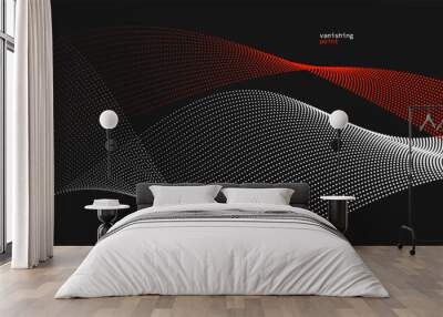 Abstract background vector illustration, red and black dots in motion by curve lines, particles flow wave isolated, monochrome black and white illustration. Wall mural