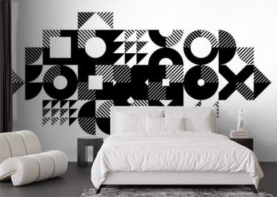 Abstract geometric black and white vector background, modular tiling stripy art with circles and other shapes, monochrome retro style artistic motif isolated. Wall mural