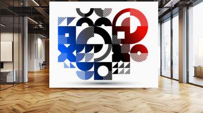 Abstract geometric stripy vector background, linear shapes of circles and triangles pattern composition, red and blue creative art abstraction. Wall mural