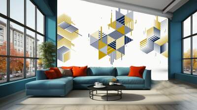 Abstract polygonal backgrounds with stripy triangles and 3D cubes vector designs set. Templates for different advertising or covers or banners. Retro style graphic elements. Wall mural