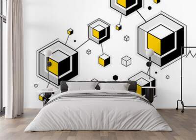 Abstract tech geometric vector background over dark, connected cubes technology network or science theme, digital system abstraction. Wall mural