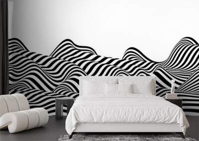 Abstract vector 3D lines background, black and white curves linear perspective dimensional terrain optical pattern. Wall mural