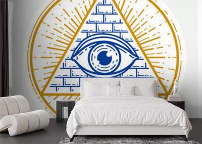 All seeing eye of god in sacred geometry triangle, masonry and illuminati symbol, vector logo or emblem design element. Wall mural