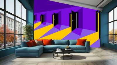 Different doors half open symbolizes diversity of variants and choosing alternate options vector illustration 3d modern poster style. Wall mural