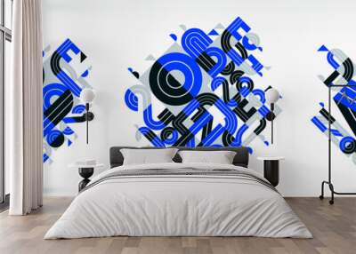 Dynamic messy abstract vector design compositions set, blue minimal lined modern art collection, stylish geometry elements, isolated over white. Wall mural