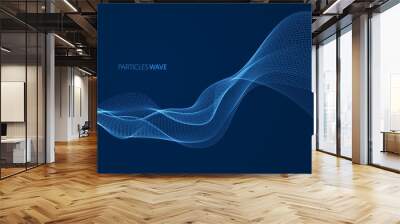 Dynamic particles sound wave flowing over dark. Dotted curves vector abstract background. Beautiful 3d wave shaped array of shining blended points. Wall mural