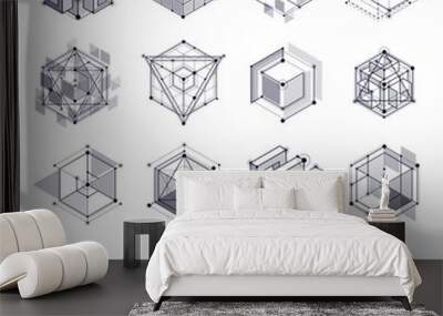 Engineering technological black and white vector 3D wallpapers set made with cubes and lines. Illustration of engineering system, abstract technological backdrop. Abstract technical background. Wall mural