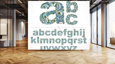 Floral alphabet sans serif letters drawn using abstract vintage pattern, spring leaves design. Vector font created in natural eco style. Wall mural