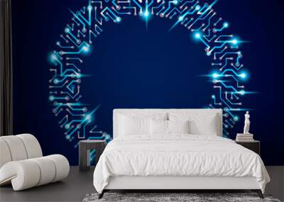 Futuristic cybernetic scheme, vector motherboard blue illustration with neon lights. Circular gleam element with circuit board texture. Wall mural