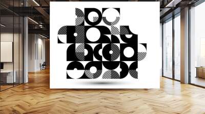 Geometric abstract black and white art, vector geometrical background with tiles of circles and other shapes, stripy texture modernism style linear motif, creative design. Wall mural