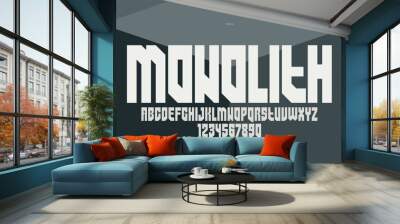 Geometric bold and strong vector font for logos and emblems, heavy letters alphabet for posters and advertising, display typeface with huge brutal and urban letters. Wall mural