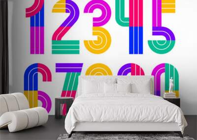 Geometric numbers set, vector digits, retro 90s style trendy numerals made with geometry elements, lined stripy design. Wall mural