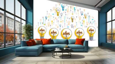 Group of shining light bulbs and set of icons, business ideas creative concept, teamwork, business team, vector illustration. Wall mural