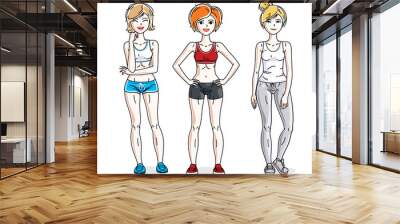 Happy young women posing wearing stylish sport clothes, sportswoman and fitness people. Vector set of beautiful people illustrations. Lifestyle theme fem characters. Wall mural