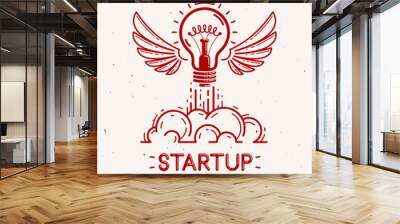 Idea light bulb with wings launching like a rocket vector linear logo or icon, creative idea startup, science invention or research lightbulb, new business start. Wall mural