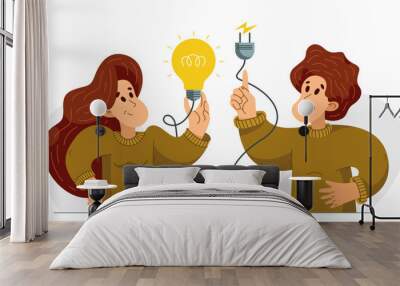 Idea needs resources to be realized embodied in life, vector illustration of a young woman and man with a light bulb and plug for electrify it. Wall mural