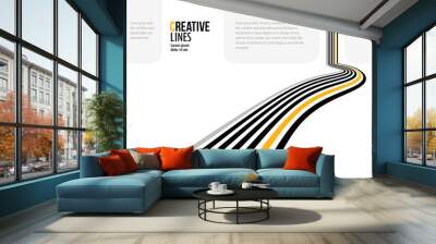 Linear composition vector road to horizon, abstract background with lines in 3D perspective, optical illusion op art, black and yellow colors. Wall mural