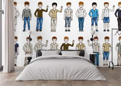 Little early teen boys children happy and cute standing in full body length isolated over white vector illustrations big set, beautiful little kids diversity big collection of character drawings. Wall mural