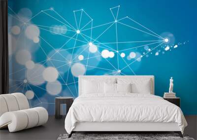 Minimalism chaotic 3d connection communication mesh technology and science background. With blurred defocused round lights texture. Vector abstract virtual particles structure. Wall mural