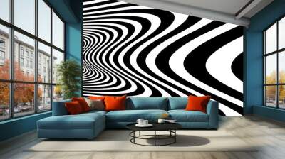 Op art distorted perspective black and white lines in 3D motion abstract vector background, optical illusion insane linear pattern, artistic psychedelic illustration. Wall mural