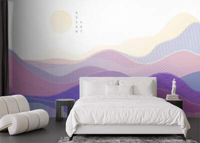 Oriental Japanese style vector abstract illustration, background in Asian traditional style, wavy shapes and mountains terrain, runny like sea lines. Wall mural