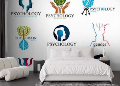 Psychology, brain and mental health vector conceptual icons or logos set. Relationship and gender psychology problems and conflicts, psychoanalysis and psychotherapy, personality and individuality. Wall mural