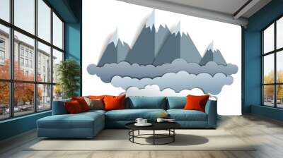 Scenic landscape of mountain peaks range, summer vector illustration in paper cut kids style. Summer holidays, travel and tourism. Wall mural