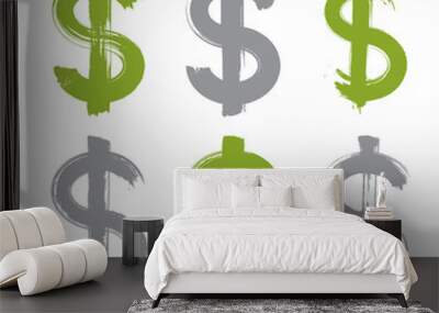 Set of hand-painted green dollar icons isolated on white backgro Wall mural