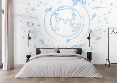 small earth in endless space surrounded by artificial satellites, stars and other elements. global c Wall mural