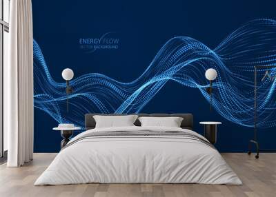 Sound wave over dark, particles flow, effect in motion. Dynamic vector abstract background. 3d shape shining dots blended mesh, future technology relaxing wallpaper. Wall mural