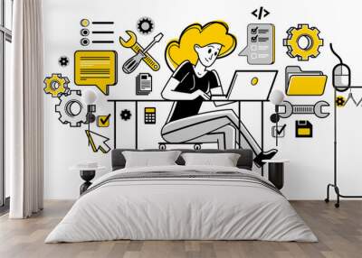 Technician computer engineer woman repairing pc vector outline illustration, fixing system work with software and hardware, system administrator. Wall mural