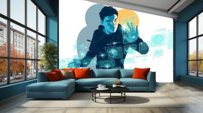 Teenager boy controls HUD virtual interface vector illustration, futuristic concept school student studying, future teen technology theme. Wall mural