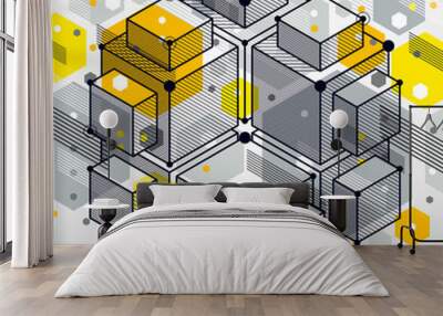 Template 3D yellow design layout for brochure , flyer , poster, advertising, cover, vector abstract modern background. Composition of cubes, hexagons, squares Wall mural