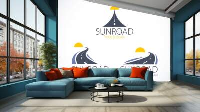 The roads to the setting sun, curved highways vector perfect design illustrations or logos set. Camping, travel and tourism themes, car or bus trip ride. Can be used as a road banners or billboards. Wall mural