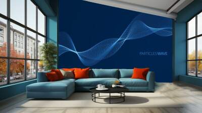 Vector abstract background with wave of flowing particles over dark, smooth curve shape lines, particle array flow. 3d shape glowing dots blended mesh, technology relaxing wallpaper. Wall mural